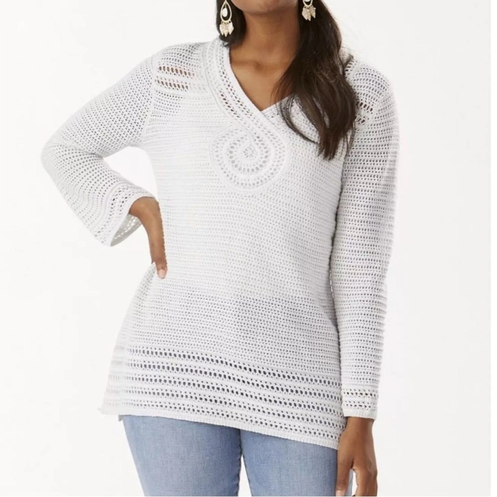 Tommy Bahama White Metallic Crochet Linen Knit Bell Sleeve Tunic Top